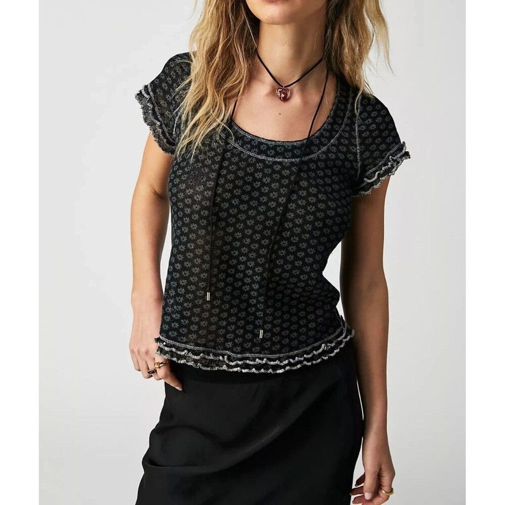 Free People Garner Tee Blouse Top Floral Printed Ruffle Short Sleeve S 286810